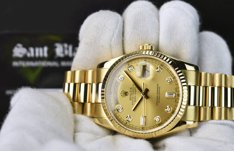 ROLEX 18kt Gold Day Date President Champagne Diamond Dial Fat Buckle Model 118238