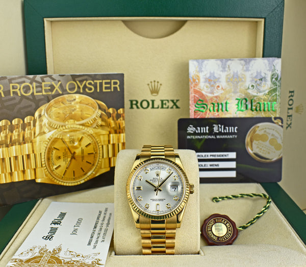 ROLEX Rehaut 18kt Gold Day Date President Silver Diamond Dial Model 118238