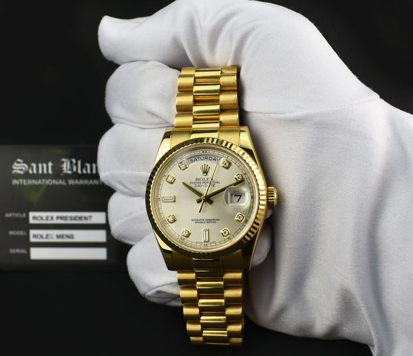 ROLEX Rehaut 18kt Gold Day Date President Silver Diamond Dial Model 118238