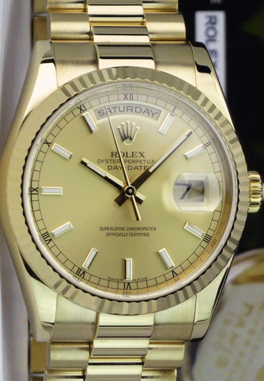 ROLEX 36mm Mens 18kt Gold Day Date President Champagne Index Model 118238