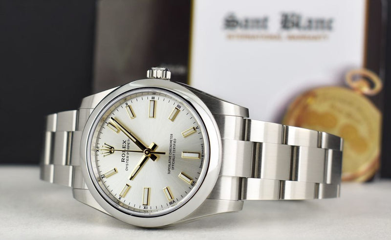 ROLEX 2021 Stainless Steel Oyster Perpetual 34mm Silver Index Gold Accents Model 124200
