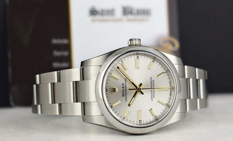 ROLEX 2021 Stainless Steel Oyster Perpetual 34mm Silver Index Gold Accents Model 124200