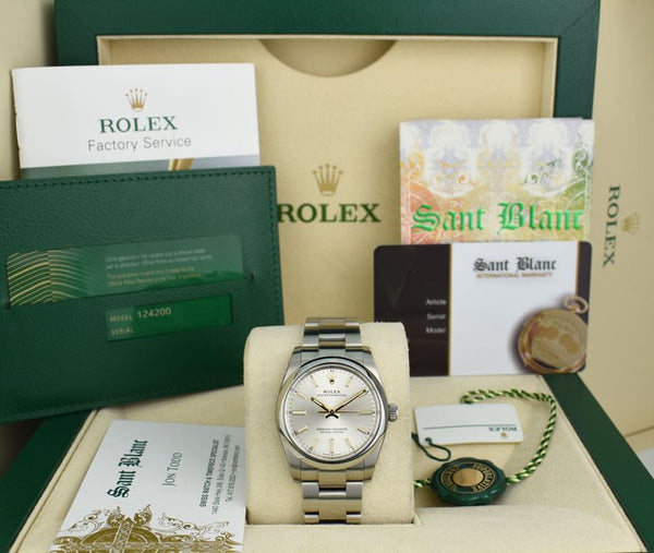 ROLEX 2021 Stainless Steel Oyster Perpetual 34mm Silver Index Gold Accents  Model 124200