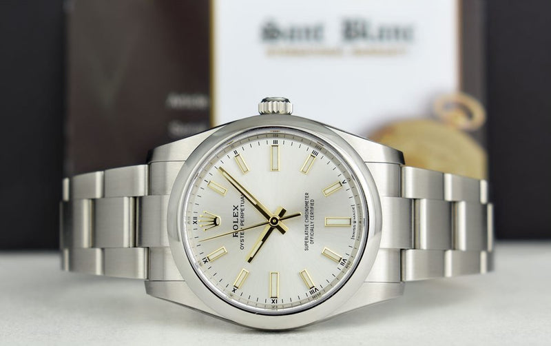 Angreb Telegraf Inspiration ROLEX 2021 Stainless Steel Oyster Perpetual 34mm Silver Index Gold Acc –  Sant Blanc