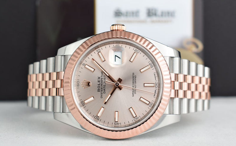 ROLEX 2018 18kt Rose Gold & Stainless Steel DateJust 41 Silver Sundust Index Dial Model 126331
