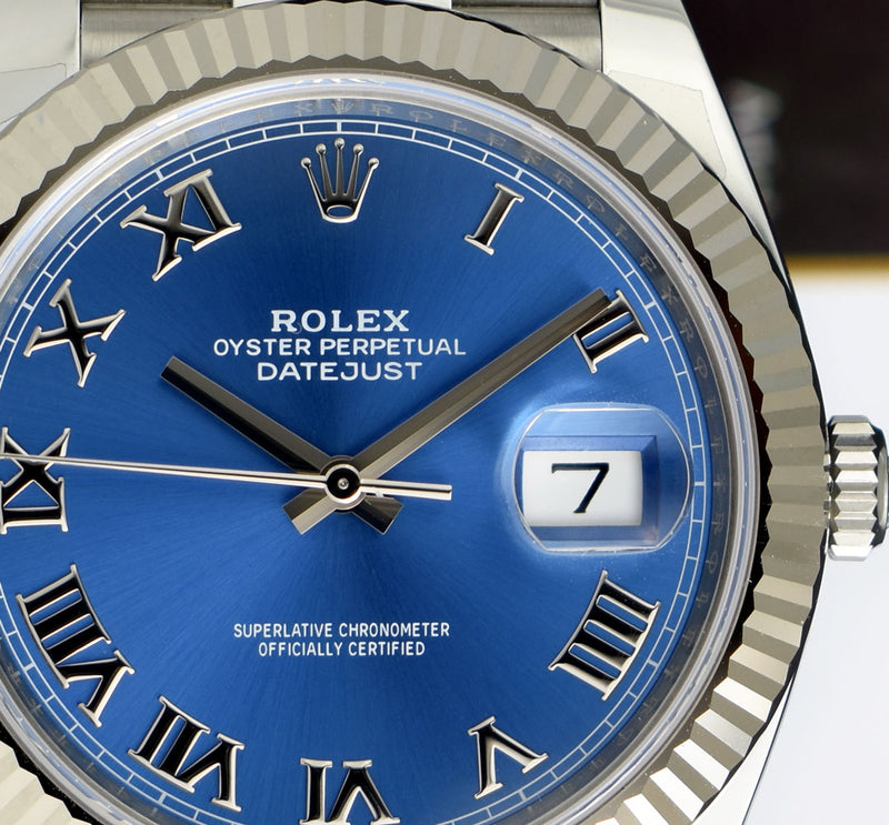 ROLEX 2021 18kt White Gold & Stainless Steel DateJust 41 Jubilee Bracelet Blue Roman Dial Model 126334