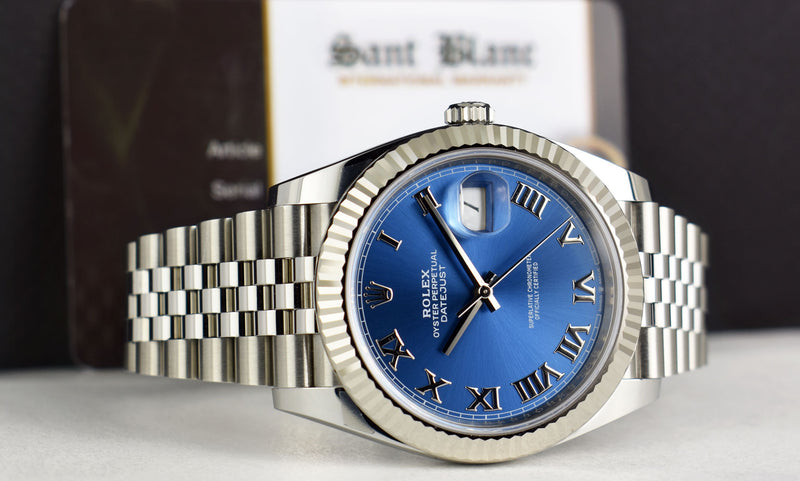 ROLEX 2021 18kt White Gold & Stainless Steel DateJust 41 Jubilee Bracelet Blue Roman Dial Model 126334