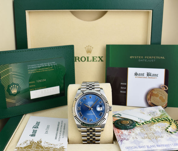 ROLEX 2021 18kt White Gold & Stainless Steel DateJust 41 Jubilee Bracelet Blue Roman Dial Model 126334