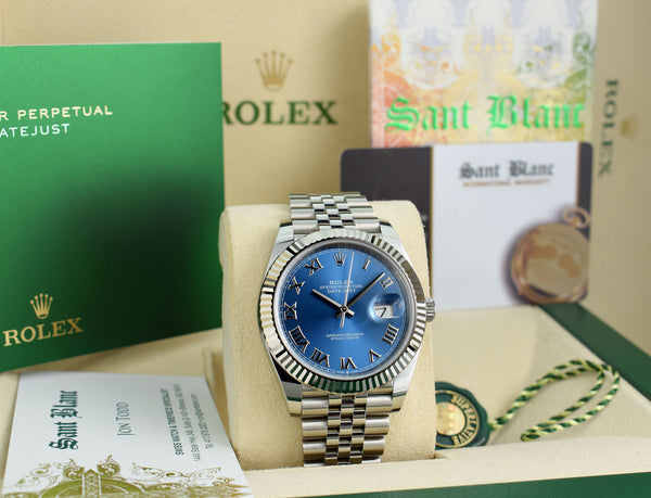 ROLEX 2021 18kt White Gold & Stainless Steel DateJust 41 Jubilee Bracelet Blue Roman Dial Model 126334