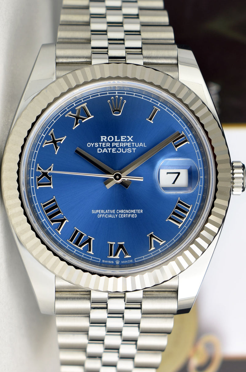 ROLEX 2021 18kt White Gold & Stainless Steel DateJust 41 Jubilee Bracelet Blue Roman Dial Model 126334