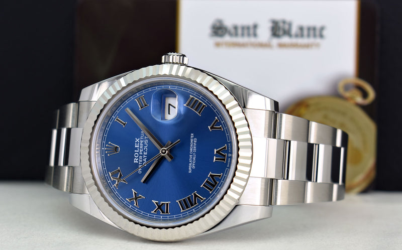 ROLEX Mens 18kt White Gold & Stainless Steel DateJust 41 Blue Roman Model 126334