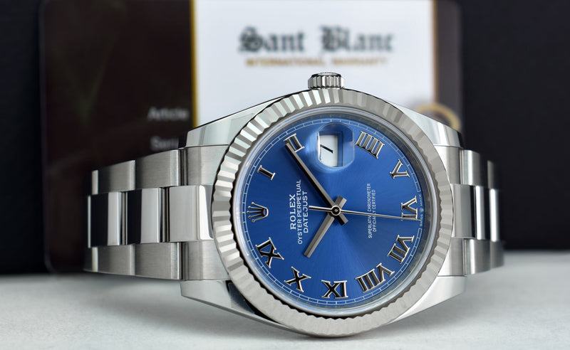 ROLEX Mens 18kt White Gold & Stainless Steel DateJust 41 Blue Roman Model 126334