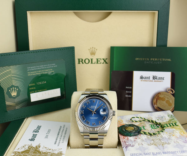 ROLEX Mens 18kt White Gold & Stainless Steel DateJust 41 Blue Roman Model 126334