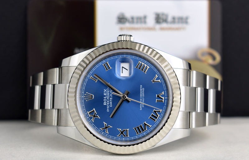 ROLEX Mens 18kt White Gold & Stainless Steel DateJust 41 Blue Roman Model 126334