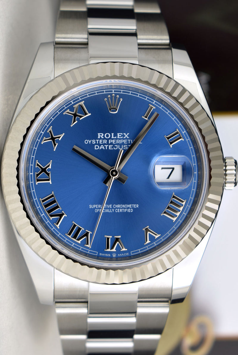 ROLEX Mens 18kt White Gold & Stainless Steel DateJust 41 Blue Roman Model 126334