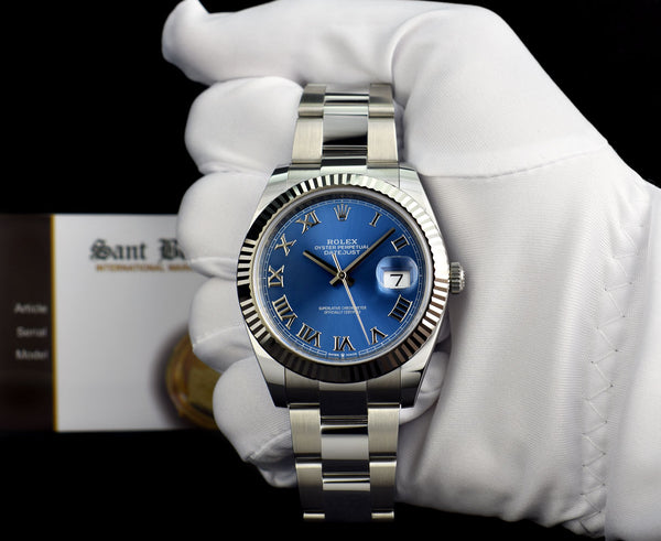 ROLEX Mens 18kt White Gold & Stainless Steel DateJust 41 Blue Roman Model 126334