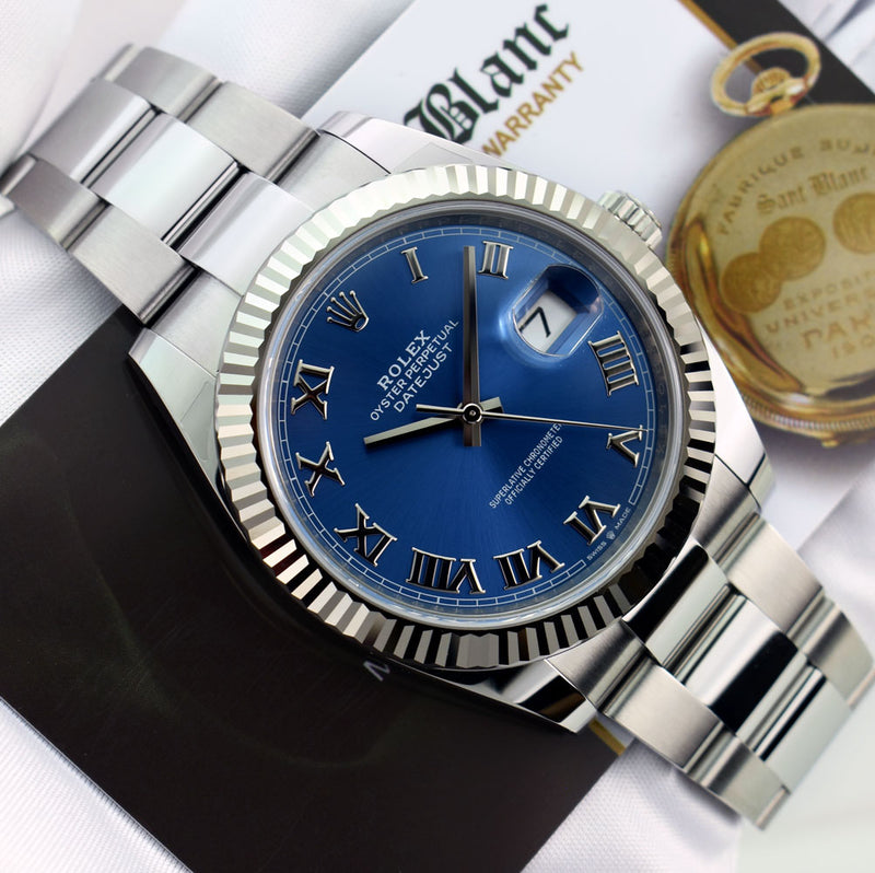 ROLEX Mens 18kt White Gold & Stainless Steel DateJust 41 Blue Roman Model 126334