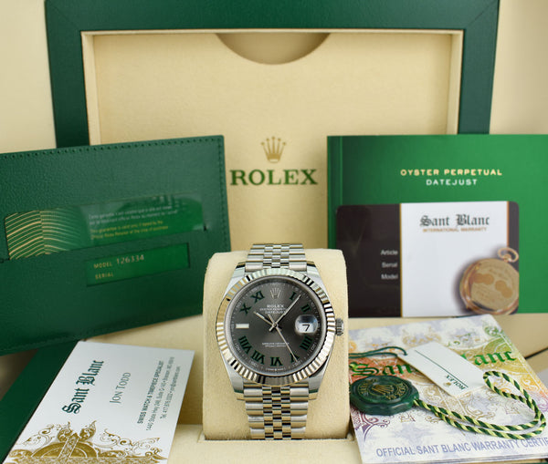 ROLEX 18kt White Gold & SS DateJust 41 Slate Green Roman WIMBLEDON Model 126334