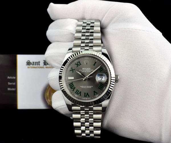 ROLEX 18kt White Gold & SS DateJust 41 Slate Green Roman WIMBLEDON Model 126334