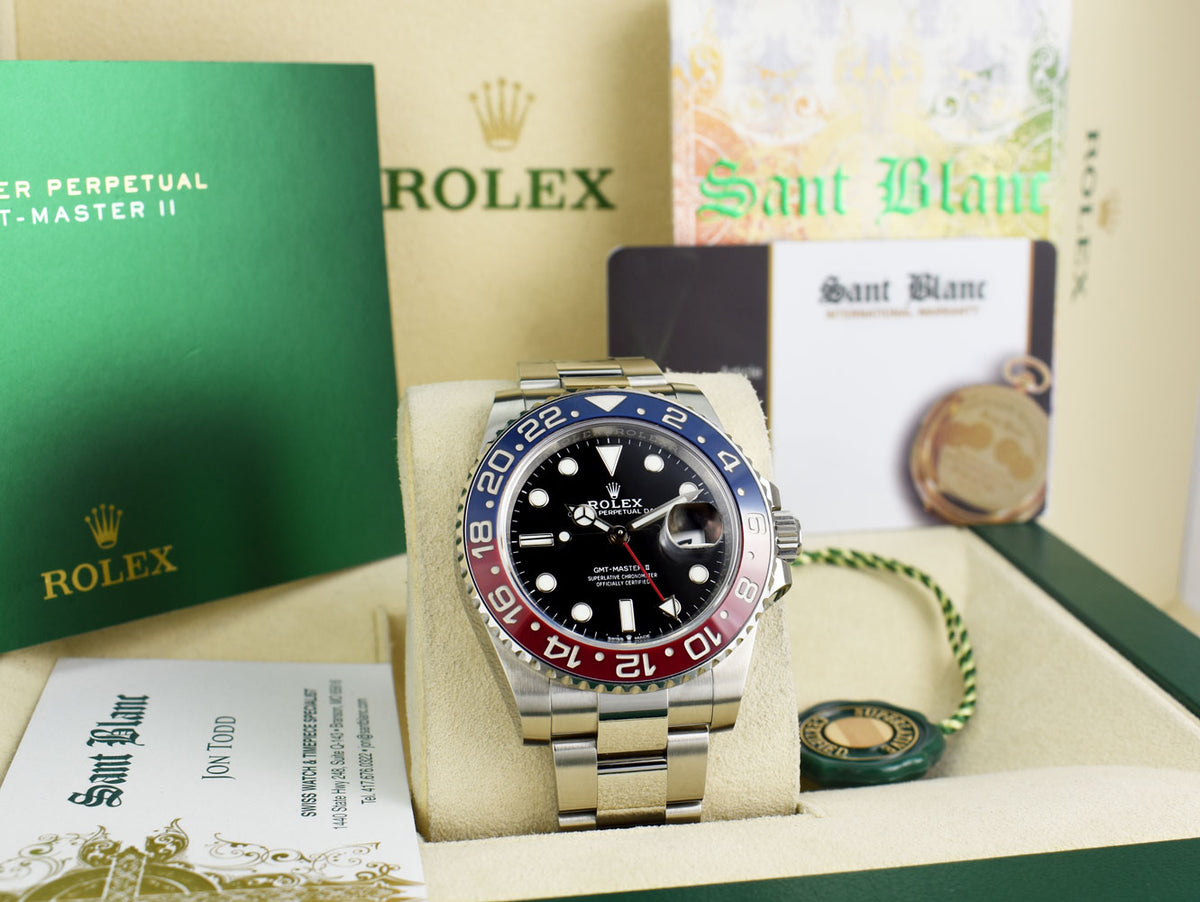 ROLEX 40mm Stainless Steel GMT Master II PEPSI Bezel Oyster Bracelet 1 Sant Blanc