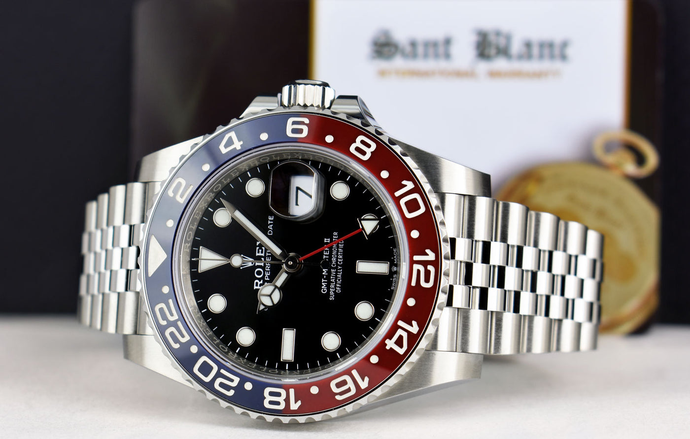 ROLEX Mens 40mm Stainless Steel GMT Master II PEPSI Ceramic Bezel 1267 Sant Blanc