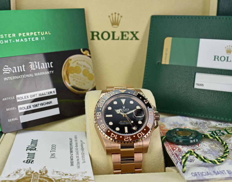 ROLEX Mens 18kt Rose Gold 40mm GMT Master II Black Model 126715