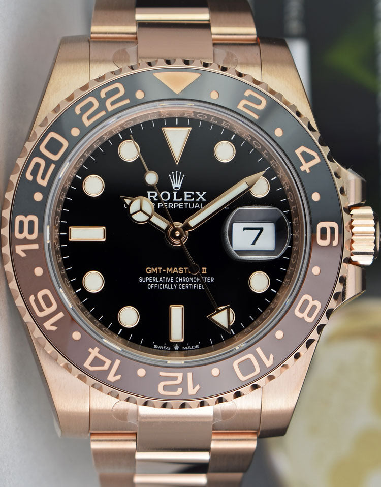 ROLEX Mens 18kt Rose Gold 40mm GMT Master II Black Model 126715