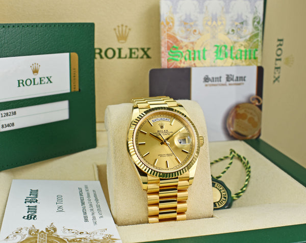 ROLEX Mens 18kt Gold Day Date 36 President Champagne Stick Dial Model 128238