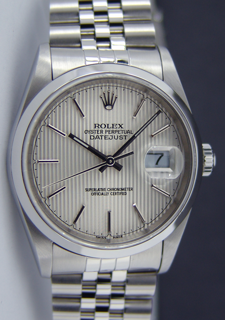 ROLEX 36mm Stainless Steel Datejust Jubilee Band Silver Tapestry Stick Dial Model 16200