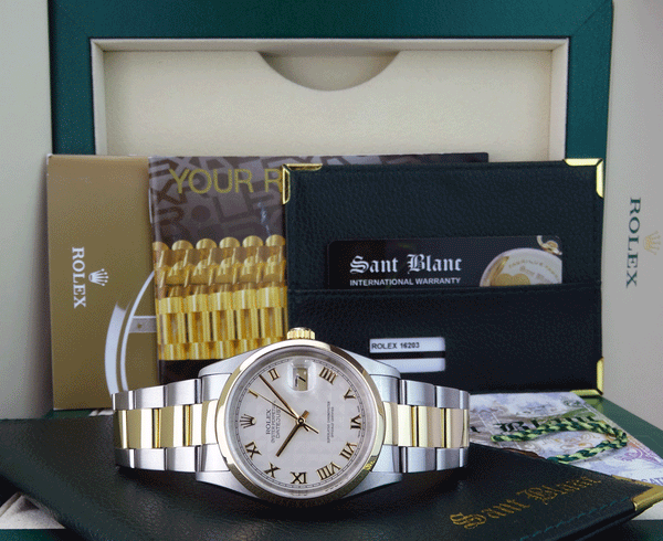 ROLEX 18kt Gold & Stainless DateJust Ivory Pyramid Roman Dial Model 16203