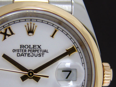 ROLEX 18kt Gold Stainless DateJust White Roman Dial Model 116203