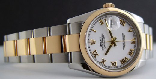 ROLEX 18kt Gold Stainless DateJust White Roman Dial Model 116203