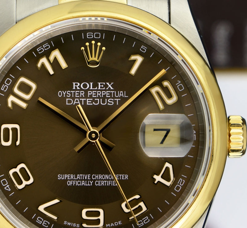 ROLEX 18kt Gold & Stainless Steel DateJust Chocolate Arabic Dial Oyster Band Model 16203