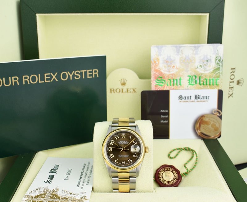 ROLEX 18kt Gold & Stainless Steel DateJust Chocolate Arabic Dial Oyster Band Model 16203
