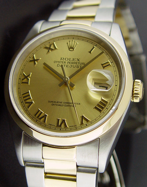 ROLEX 18kt Gold & Stainless Steel DateJust Champagne Roman Dial Model 16203