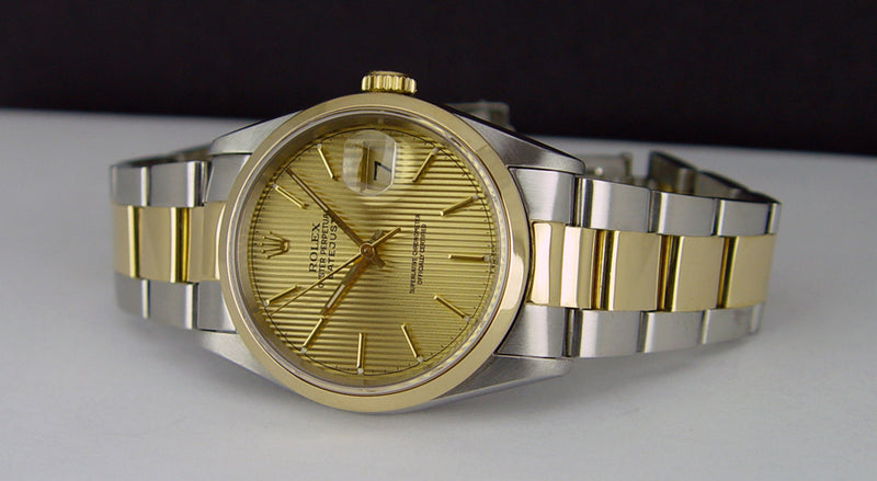 ROLEX 18kt Gold & Stainless Steel DateJust Champagne Tapestry Stick Dial Model 16203