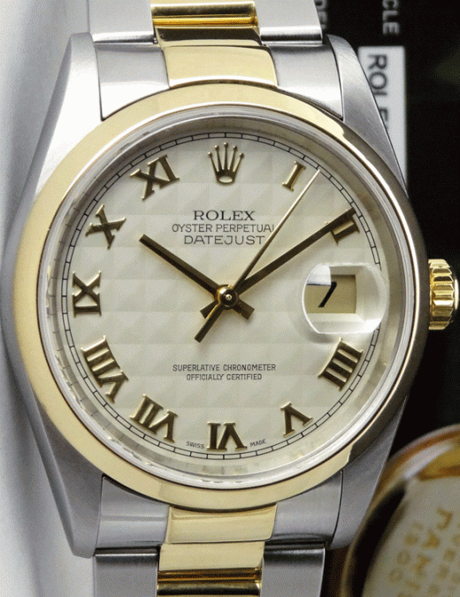 ROLEX 18kt Gold & Stainless DateJust Ivory Pyramid Roman Dial Model 16203