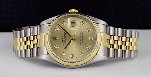 ROLEX Mens 36mm 18kt Gold & SS DateJust Champagne DIAMOND Dial 16233