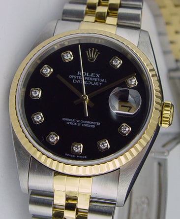 ROLEX 36mm 18kt Gold & Stainless DateJust Black Diamond Dial Jubilee Band Model 16233