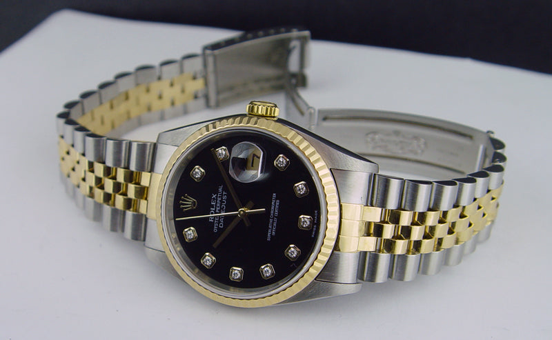 ROLEX 36mm 18kt Gold & Stainless DateJust Black Diamond Dial Jubilee Band Model 16233