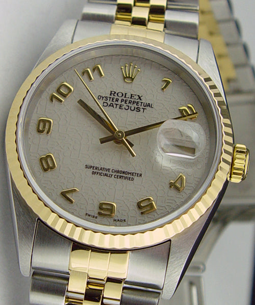 ROLEX 36mm 18kt Gold & Stainless DateJust Ivory Jubilee Arabic Dial Jubilee Band Model 16233