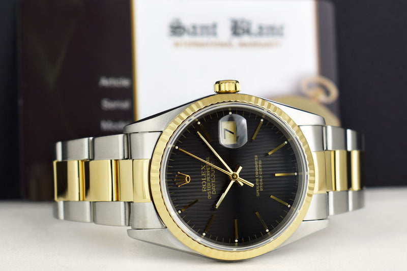 ROLEX 36mm 18kt Gold & Stainless DateJust Black Tapestry Dial Oyster Band Model 16233