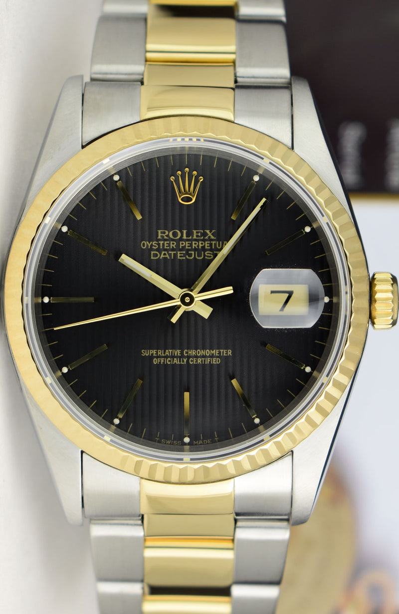ROLEX 36mm 18kt Gold & Stainless DateJust Black Tapestry Dial Oyster Band Model 16233
