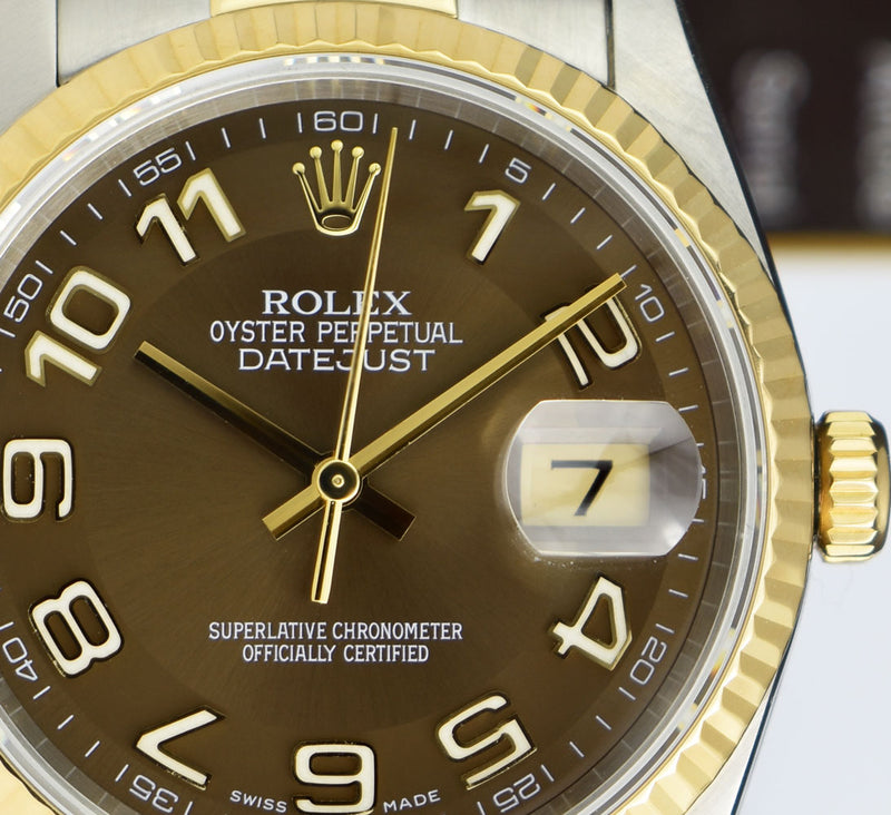 ROLEX 36mm 18kt Gold & Stainless DateJust Chocolate Arabic Dial Oyster Band Model 16233