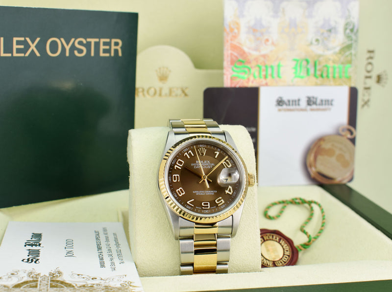 ROLEX 36mm 18kt Gold & Stainless DateJust Chocolate Arabic Dial Oyster Band Model 16233