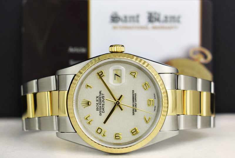 ROLEX 36mm 18kt Gold & Stainless DateJust Ivory Jubilee Arabic Dial Oyster Band Model 16233