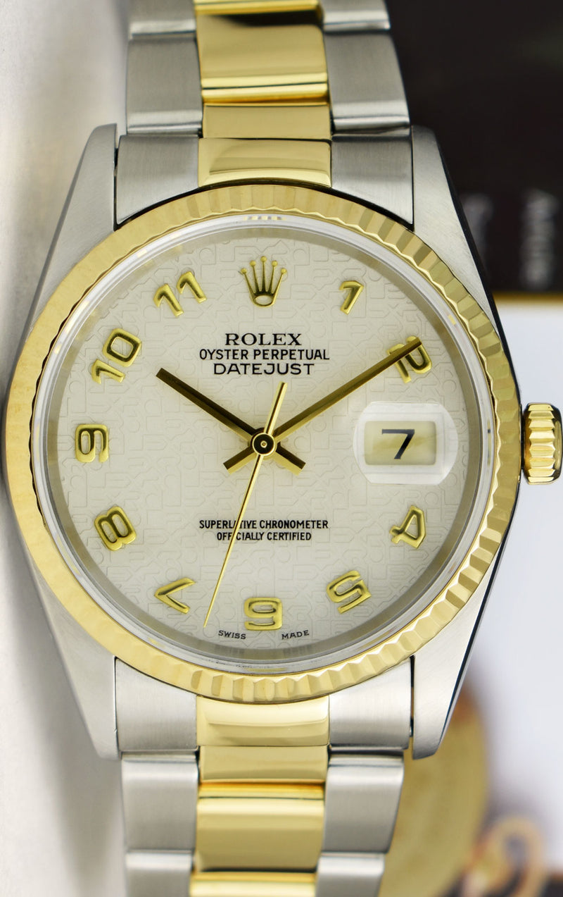 ROLEX 36mm 18kt Gold & Stainless DateJust Ivory Jubilee Arabic Dial Oyster Band Model 16233