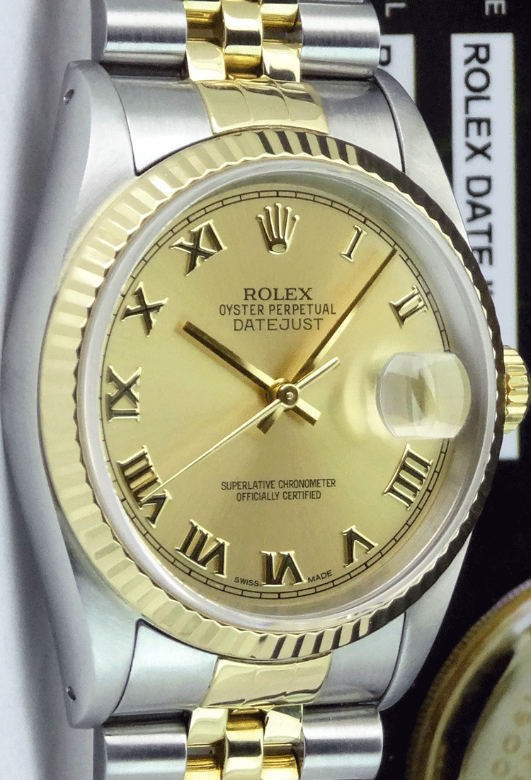 ROLEX 36mm 18kt Gold & Stainless DateJust Champagne Roman Dial Jubilee Band Model 16233