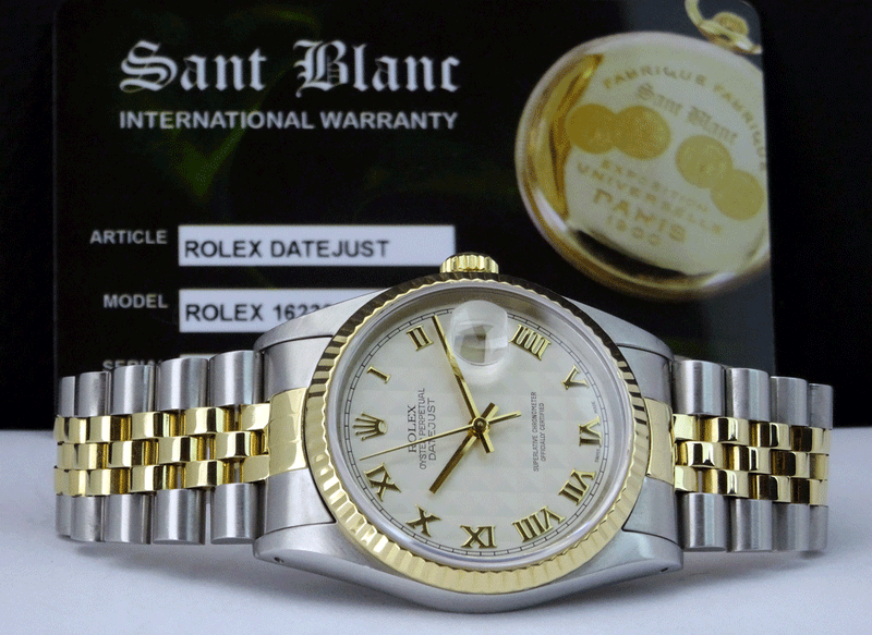 ROLEX 36mm 18kt Gold & Stainless DateJust Ivory Pyramid Roman Dial Jubilee Band Model 16233