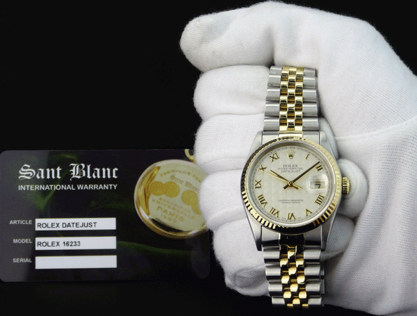 ROLEX 36mm 18kt Gold & Stainless DateJust Ivory Pyramid Roman Dial Jubilee Band Model 16233